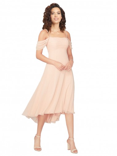 Online Cold Shoulder Midi Length Short Chiffon Bridesmaid Dress