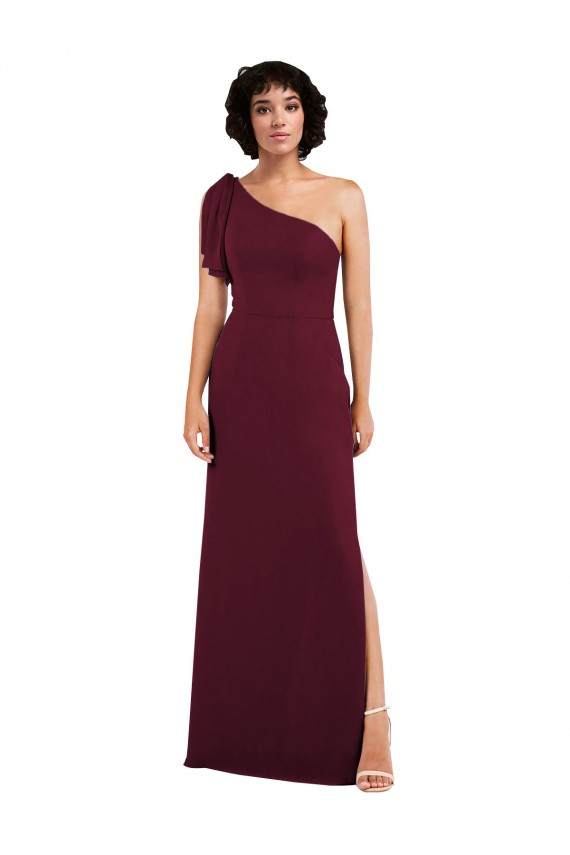 Online One Shoulder Chiffon Bridesmaid Dress with Skirt Slit and Accent Strap