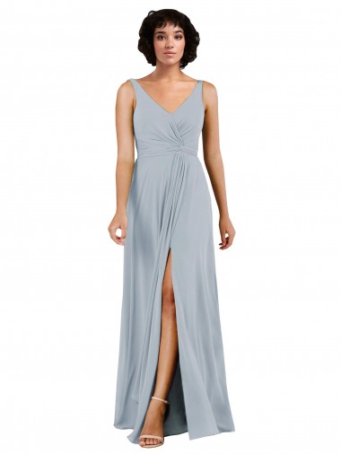 Online V-Neckline Wrapped Chiffon Bridesmaid Dress with Skirt Slit