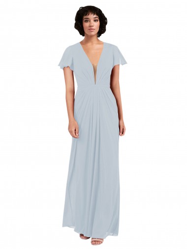 Online Deep V-Neckline Chiffon Bridesmaid Dress with Flutter Sleeves
