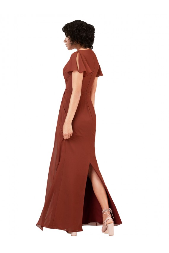 Online Deep V-Neckline Chiffon Bridesmaid Dress with Flutter Sleeves