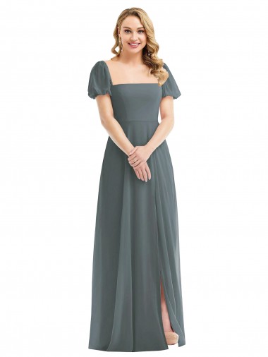 Online Puff Sleeves Chiffon Maxi Bridesmaid Dress with Front Slit