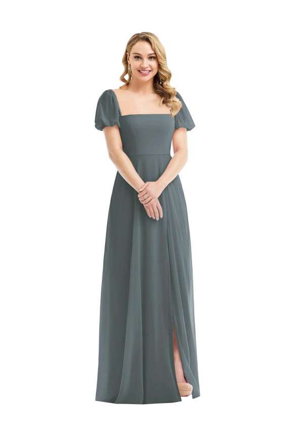 Online Puff Sleeves Chiffon Maxi Bridesmaid Dress with Front Slit