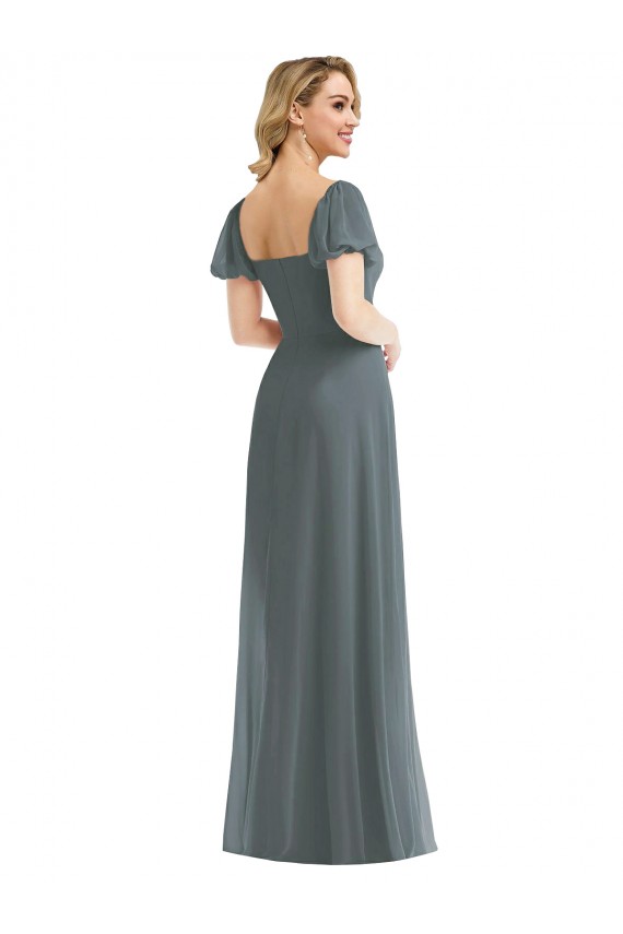 Online Puff Sleeves Chiffon Maxi Bridesmaid Dress with Front Slit