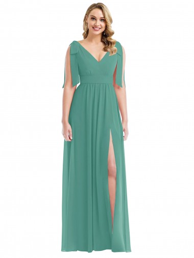 Online Plunge Neckline Bow Shoulder Chiffon Maxi Bridesmaid Dress