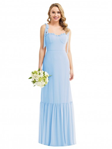 Online Tie Shoulder Bustier Bodice Ruffle Hem Maxi Bridesmaid Dress