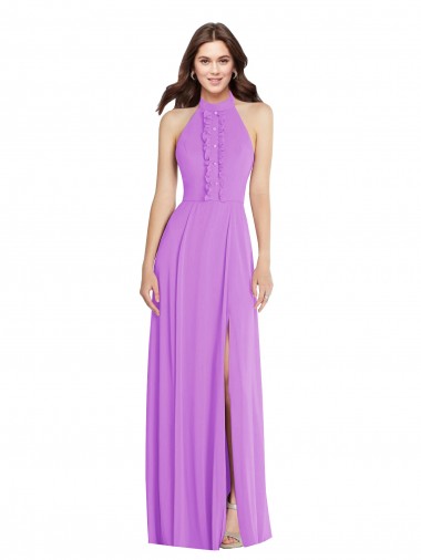 Online Halter Backless Maxi Bridesmaid Dress with Button Ruffle Placket