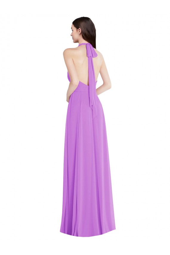 Online Halter Backless Maxi Bridesmaid Dress with Button Ruffle Placket