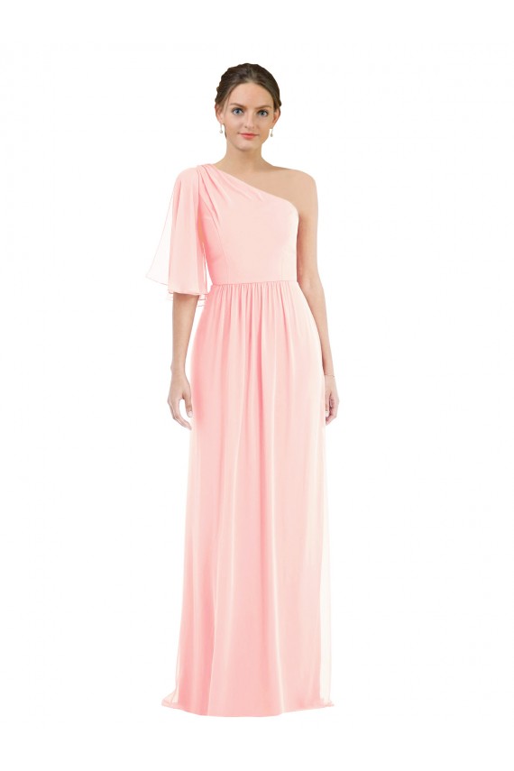Online One Shoulder Bell Sleeves Chiffon Maxi Bridesmaid Dress