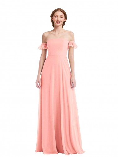 Online Off the Shoulder Ruffle Cuff Sleeve Chiffon Maxi Bridesmaid Dress