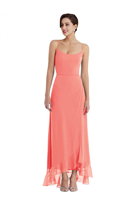 Online Scoop Neck Ruffle Trimmed High Low Maxi Bridesmaid Dress