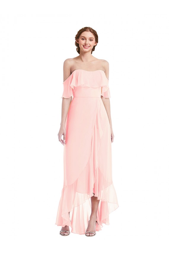 Online Off the Shoulder Ruffled High Low Maxi Bridesmaid Dress