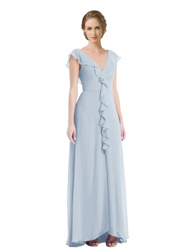 Online Ruffle Trimmed V Back Chiffon Maxi Bridesmaid Dress