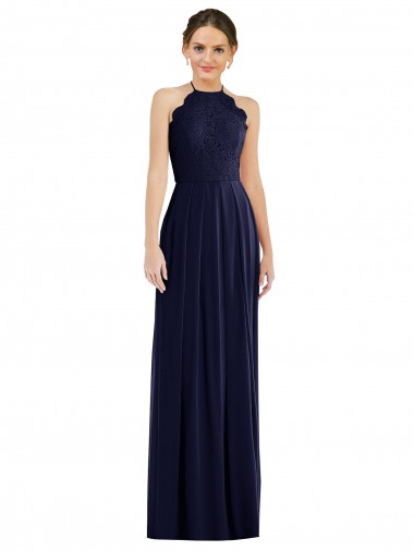 Online Tie Neck Lace Halter Pleated Skirt Maxi Bridesmaid Dress