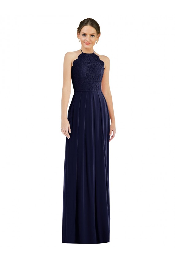 Online Tie Neck Lace Halter Pleated Skirt Maxi Bridesmaid Dress