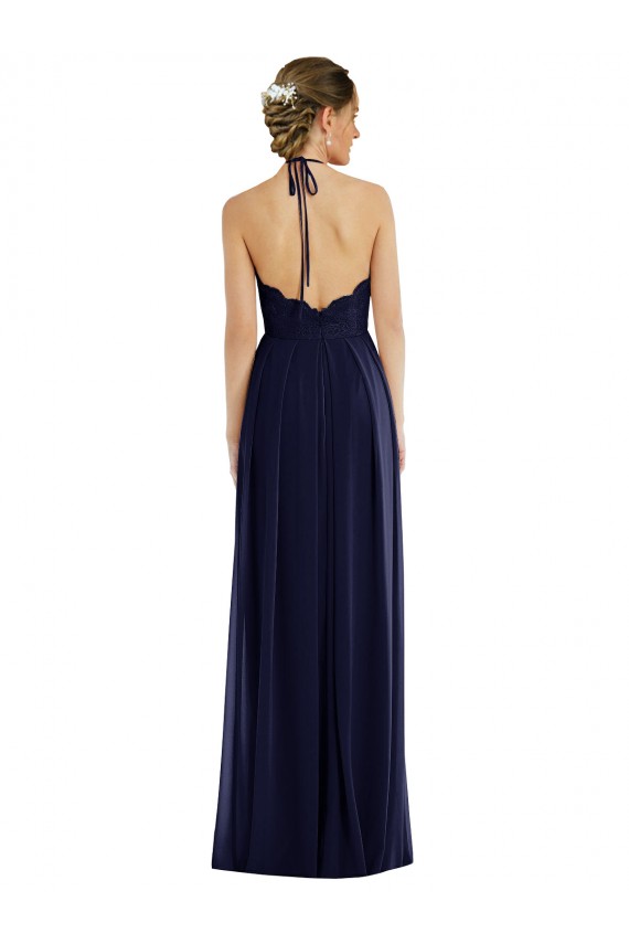 Online Tie Neck Lace Halter Pleated Skirt Maxi Bridesmaid Dress