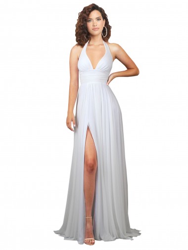 Online Halter Plunge V-Neckline Chiffon Dress with High Leg Split