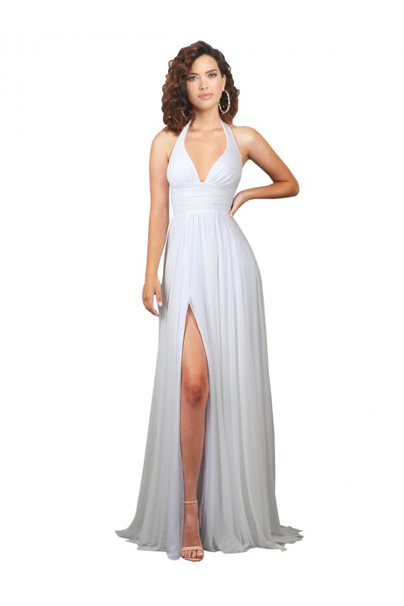 Online Halter Plunge V-Neckline Chiffon Dress with High Leg Split