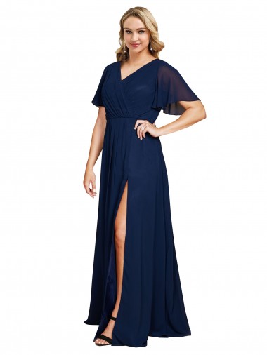 Online Chiffon V-Neck Short Sleeves Long Bridesmaid Dress with High Slit