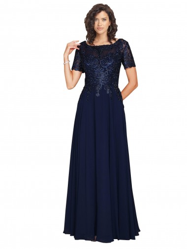 Online Short Sleeves A-Line Long Chiffon Bridesmaid Dress with Beaded Bodice