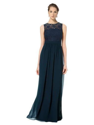 Online Long Chiffon Bridesmaid Dress with Lace Sleeveless Bodice and Keyhole Back