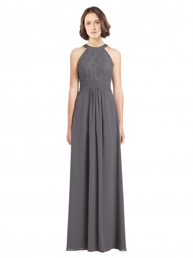 Online Long Chiffon Bridesmaid Dress with Corded Lace Bodice