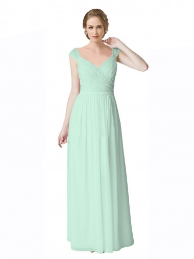 Online Long Chiffon Bridesmaid Dress with Corded Lace V-Neck Bodice