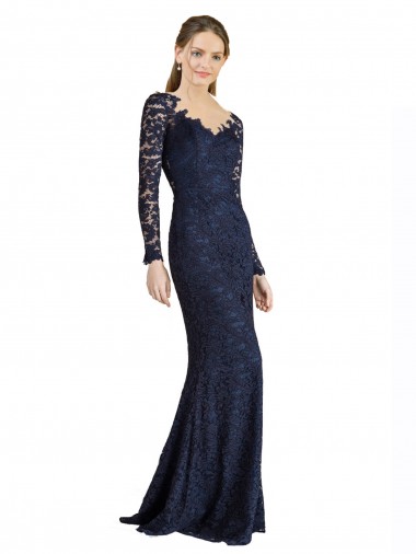Online Illusion Long Sleeves Lace Bridesmaid Dress with Sheer Keyhole Back