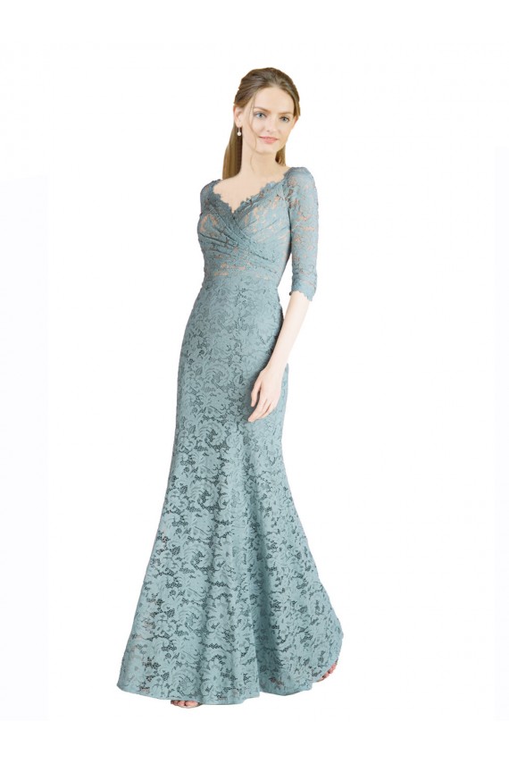 Online Half Sleeves Pleated Lace Bridesmaid Dress with Wrap-Around Portrait Neckline