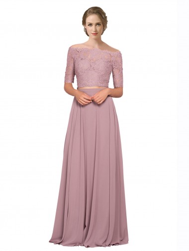 Online Off the Shoulder Lace Crop Top A-Line Chiffon Bridesmaid Dress