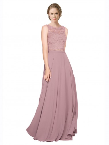Online Long A-Line Chiffon Bridesmaid Dress with Sleeveless Lace Crop Top