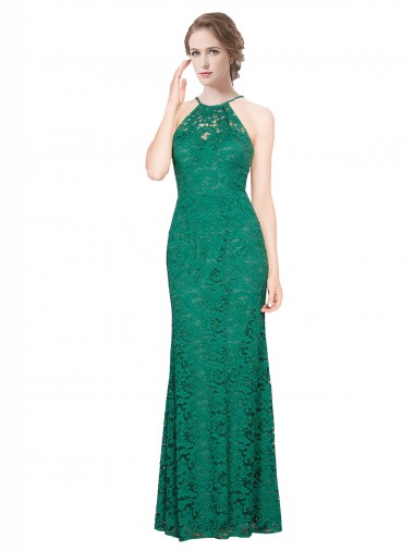 Online High Illusion Halter Neck Long Lace Bridesmaid Dress