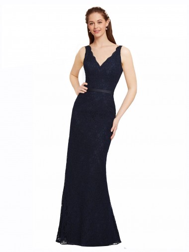 Online Lace Bridesmaid Dress with Satin Waistband and Open Back