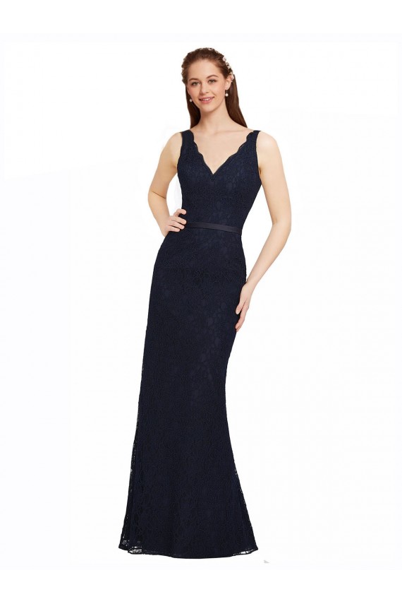 Online Lace Bridesmaid Dress with Satin Waistband and Open Back