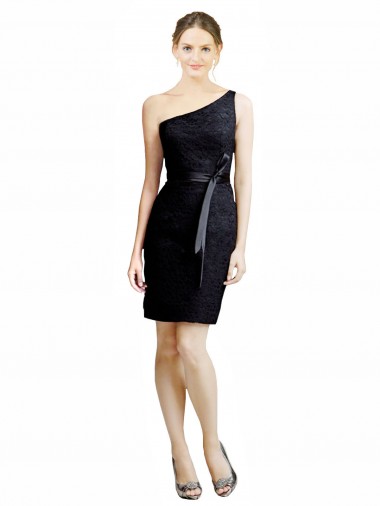Online One Shoulder Short Lace Bridesmaid Dress with Satin Waistband