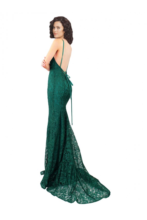 Online Sleek Black Tie Fishtail Shaped Long Lace Bridesmaid Dress