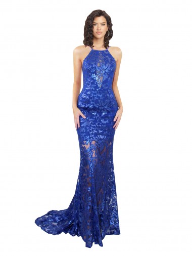 Online High Neck Long Open Back Lace Bridesmaid Dress with Train