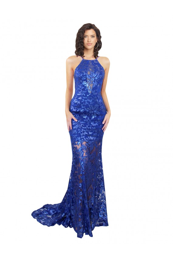 Online High Neck Long Open Back Lace Bridesmaid Dress with Train