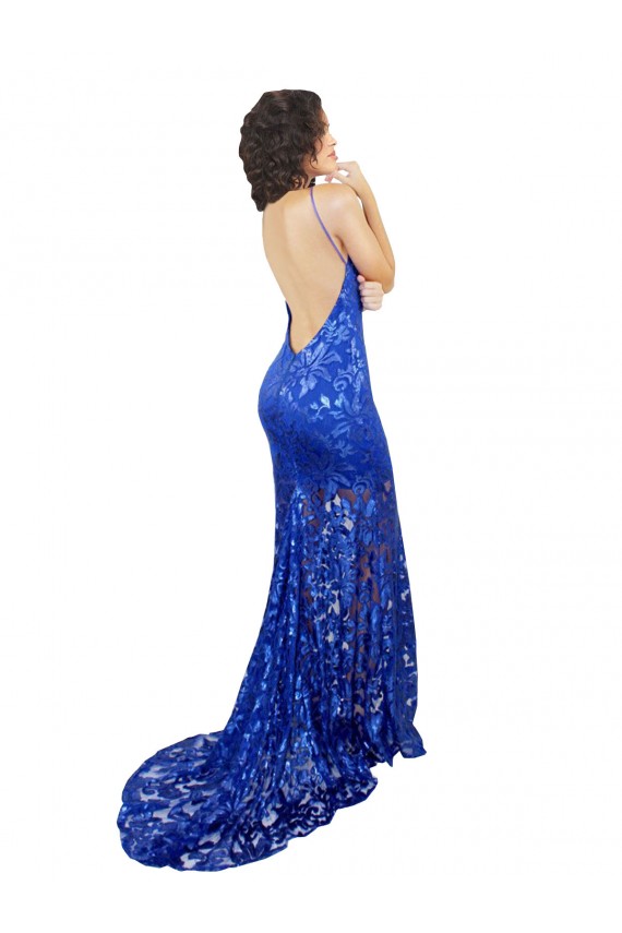 Online High Neck Long Open Back Lace Bridesmaid Dress with Train