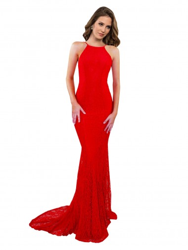 Online High Neck Long Lace Bridesmaid Dress with Open Back Straps