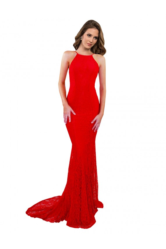 Online High Neck Long Lace Bridesmaid Dress with Open Back Straps