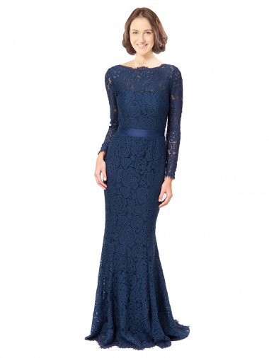 Online Long Sleeves Floor Length Vintage Lace Bridesmaid Dress with Deep V-Back