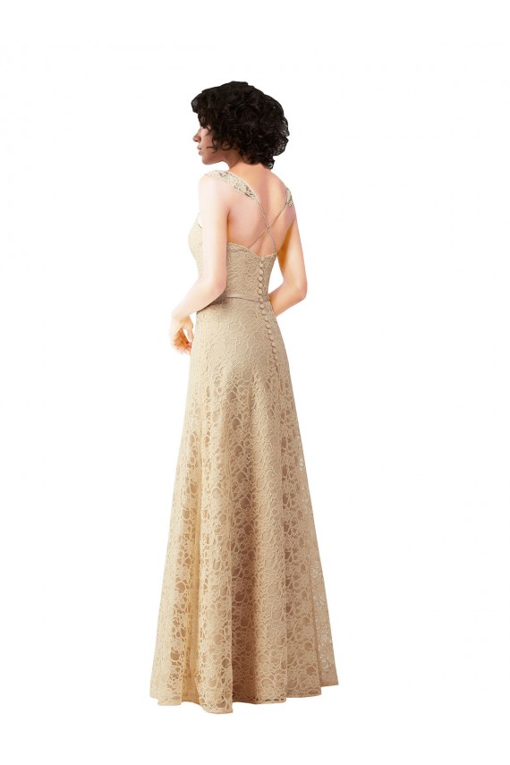 Online Lace A-Line Long Bridesmaids Dress with Satin Waistband