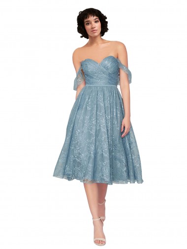 Online Off the Shoulder Sweetheart Chantilly Lace Midi Length Bridesmaid Dress