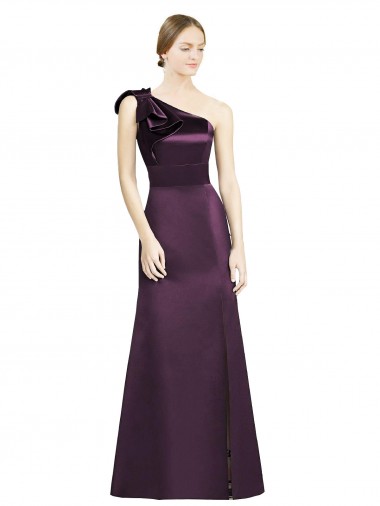 Online Full Length One Shoulder Satin Bridesmaid Dress with Bow Shoulder Detail