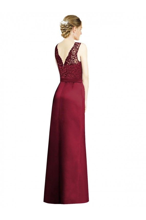Online Full Length Sleeveless Satin Bridesmaid Dress with Lace Bodice