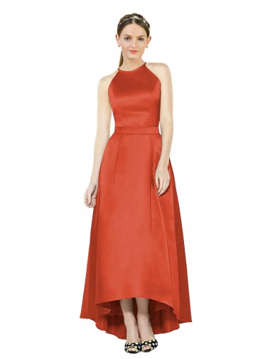 Online Full Length Halter Satin Bridesmaid Dress with Hi-Low Hem Detail