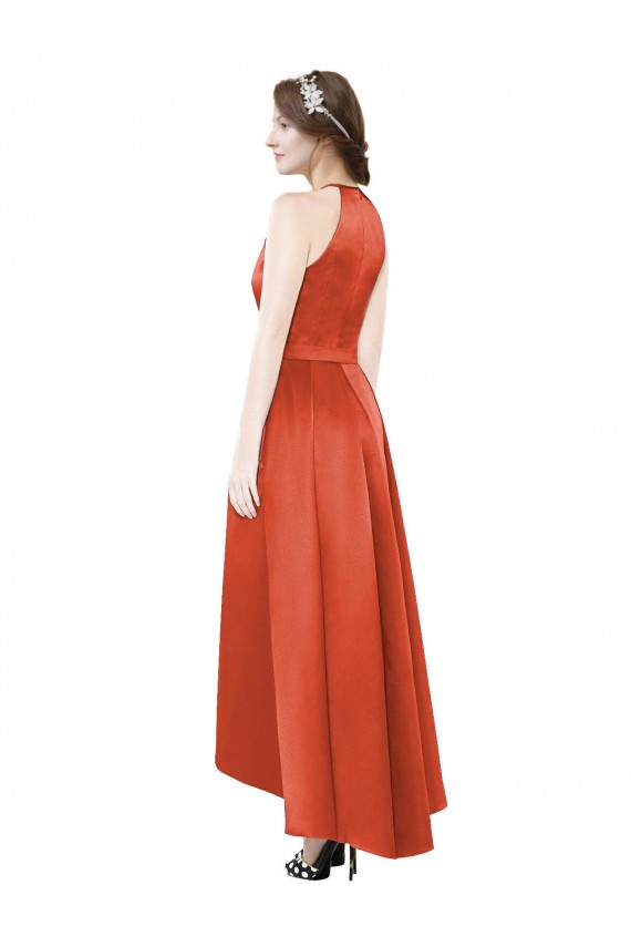 Online Full Length Halter Satin Bridesmaid Dress with Hi-Low Hem Detail