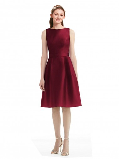 Online Short Midi Length Satin Bridesmaid Dress with Bateau Neckline and V-Back