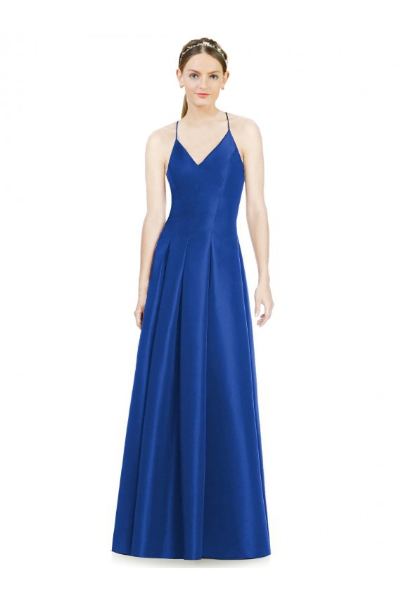 Online Full Pleated V-Neck Long Satin Bridesmaid Dress with Criss Cross Open Back